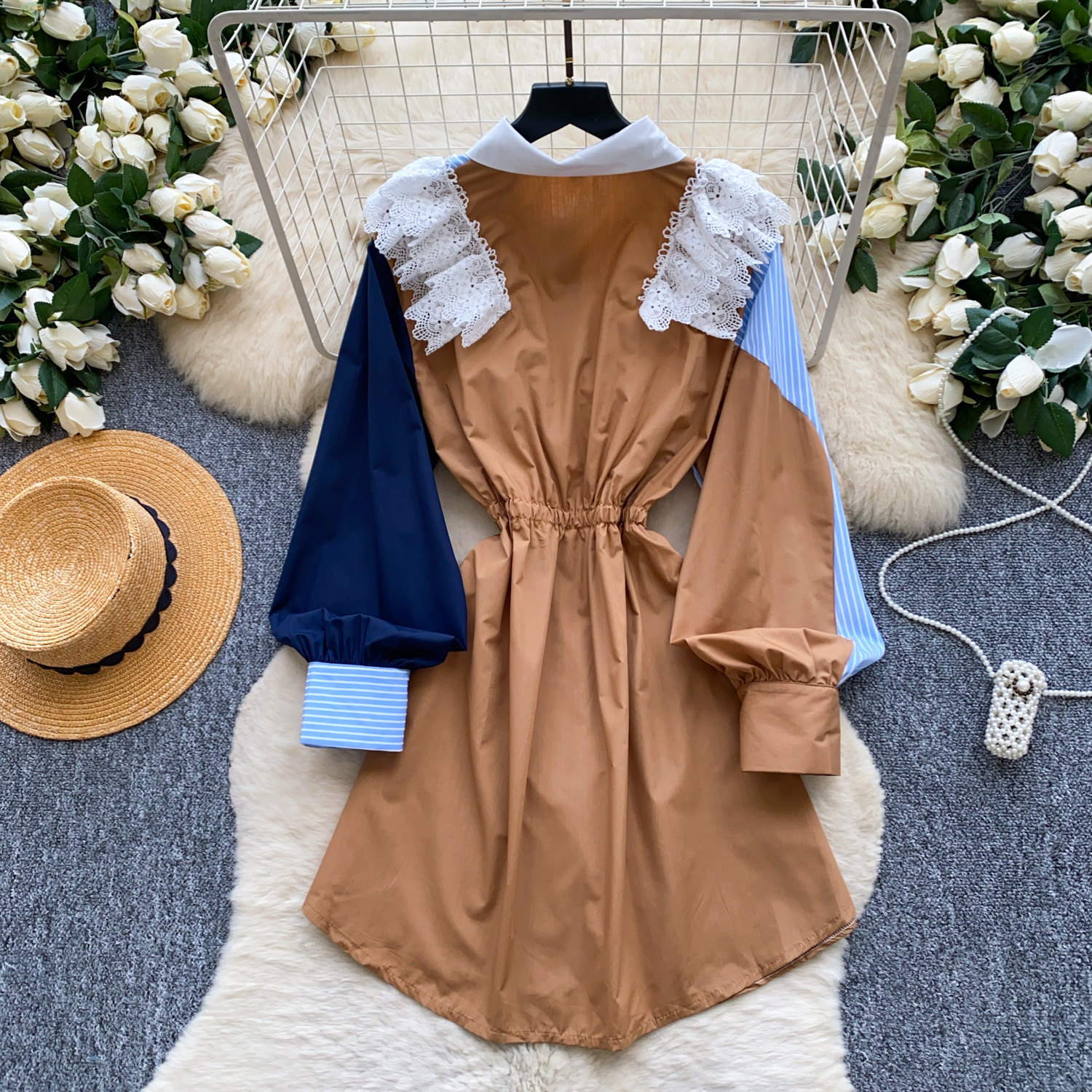 Vintage Color Block Two Piece Shirt Dress Long Sleeve Striped Waist Defined Mid Length Summer Casual Wear
