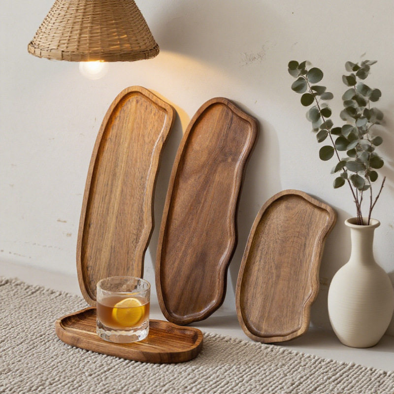 Japanese Acacia Wood Tray Cloud-Shaped Tea Tray Tea Water Anti-Scalding Wooden Dining Tray Cake Snack Wooden Small Plate