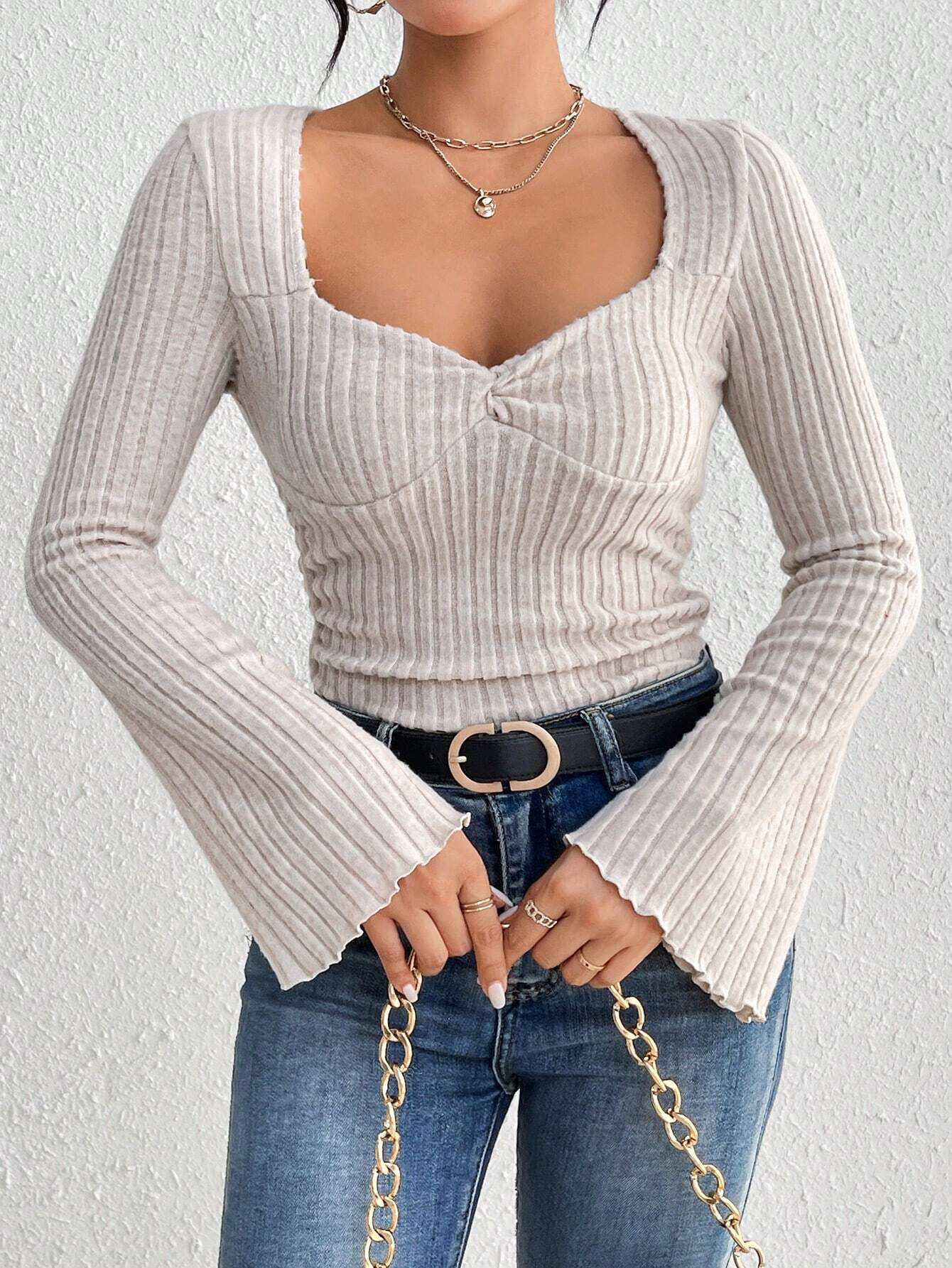 Elegant Womens T Shirt Square Neck Flared Sleeves Slim Fit Spring Summer Casual Wear Wholesale Available