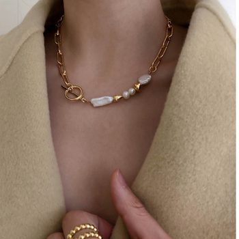 South Korea's Dongdaemun Design Metal Baroque Pearl Splicing Necklace Women's Personalized Short Clavicle Chain Accessories