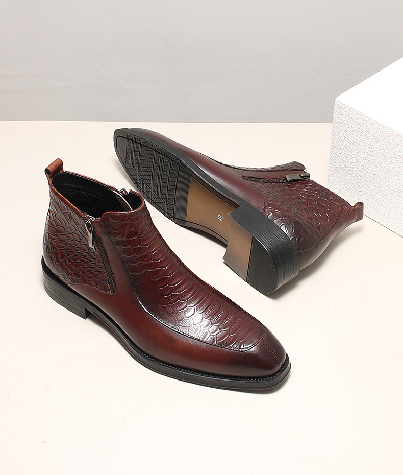 Boot cổ trung da bò dập vân cá sấu khóa kéo đôi phong cách cổ điển — Lớp lót nhung đen, Màu đen lót da, Đỏ rượu bên trong da