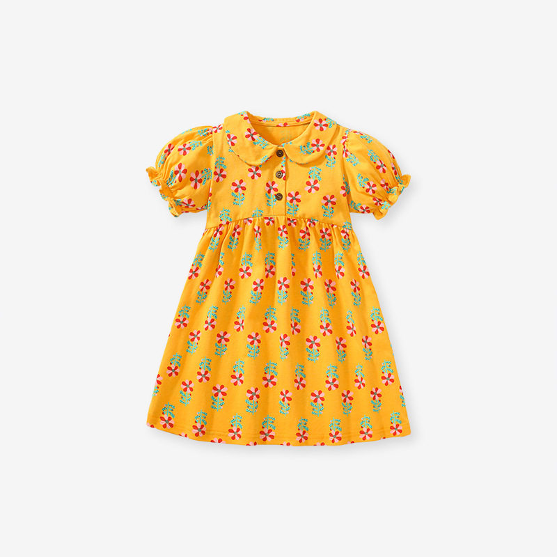 Girls' Princess Dress, Summer Cotton Open-front Peter Pan Collar Girls' Skirt, Kids' Short-sleeve Dress