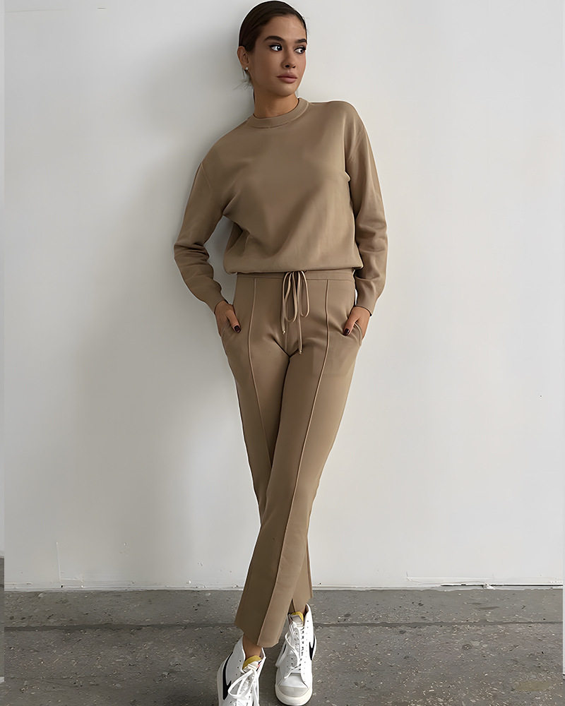 Womens Knitted Sweater Set Loose Fit Round Neck Tapered Pants Autumn Winter Casual Wear Wholesale Available