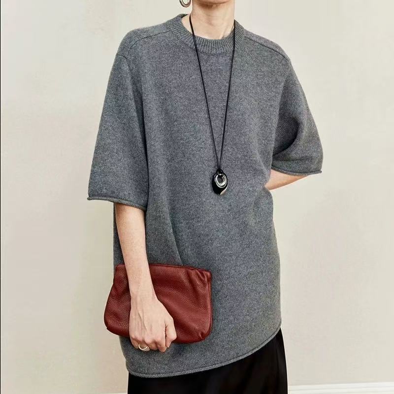 2025 Early Autumn New Fashion Casual Lazy Style Round Neck Drop Shoulder Ribbed Mid-Length Slimming Wool Short Sleeve