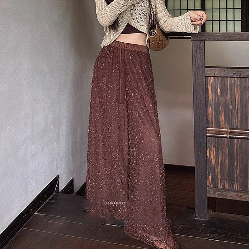 Quần ống rộng cạp vừa hai lớp thêu dây đính cườm phong cách suông nhẹ — Cam mềm, Trắng ngọc