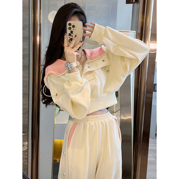 2025 Sports Casual Suit Women's Spring & Fall New Korean Style Fashionable Short Waist Sweatshirt and Leggings Pants Two-Piece Set