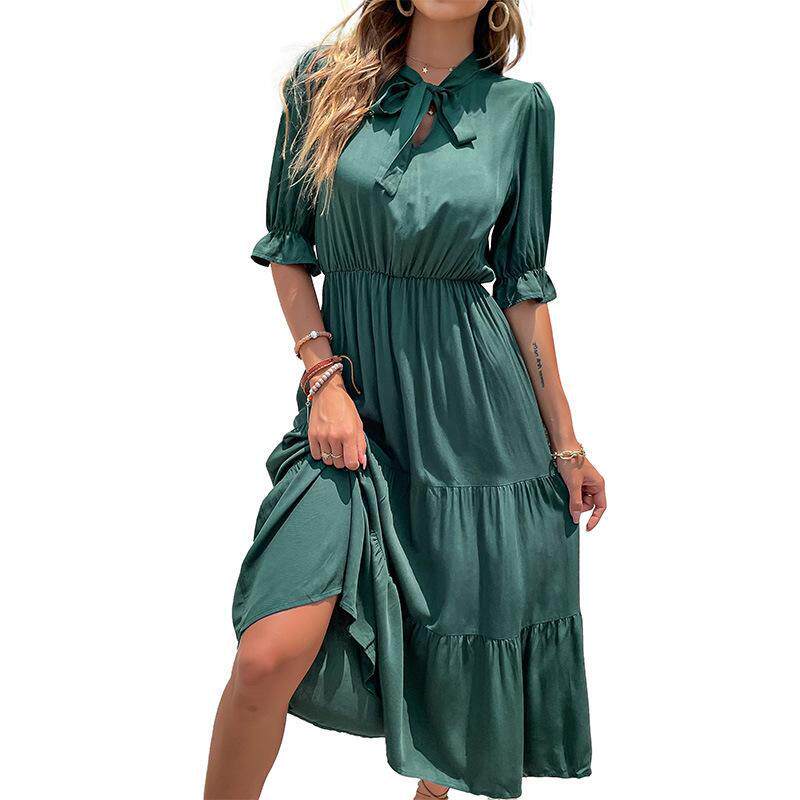 Elegant Vintage Short Sleeve Dress with Bow Decoration Soft Fabric Solid Color Summer Style Wholesale Available