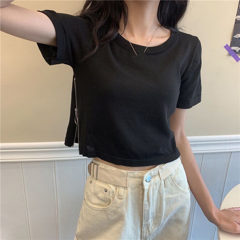 Short Sleeve Zipper T Shirt for Women Slim Fit Casual Style Summer Essential Available in Black Wholesale Sizes S to XXL