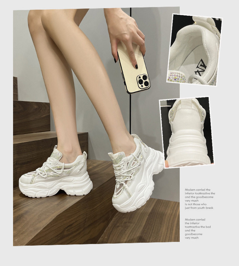 Giày sneaker nữ đế dày chunky phong cách thể thao, mũi tròn, dây buộc, đế cao 8 cm — Trắng, Hồng, Đen chi tiết 2