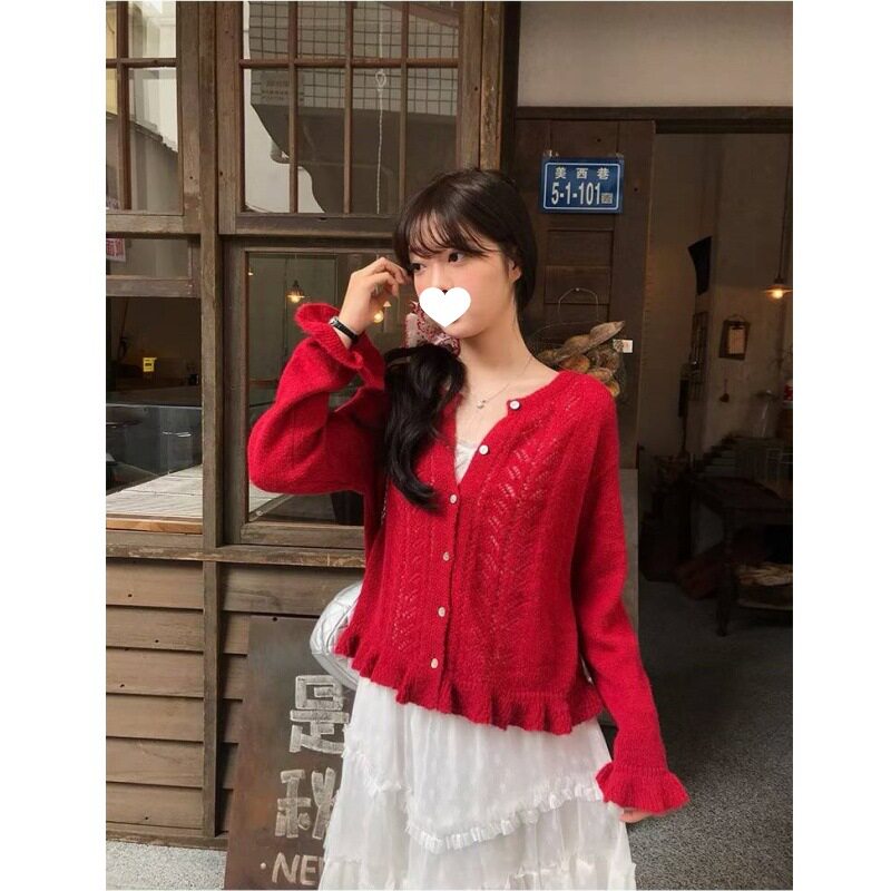 马海毛荷叶边镂空开衫2026新款春季好看毛衣温柔风针织外套