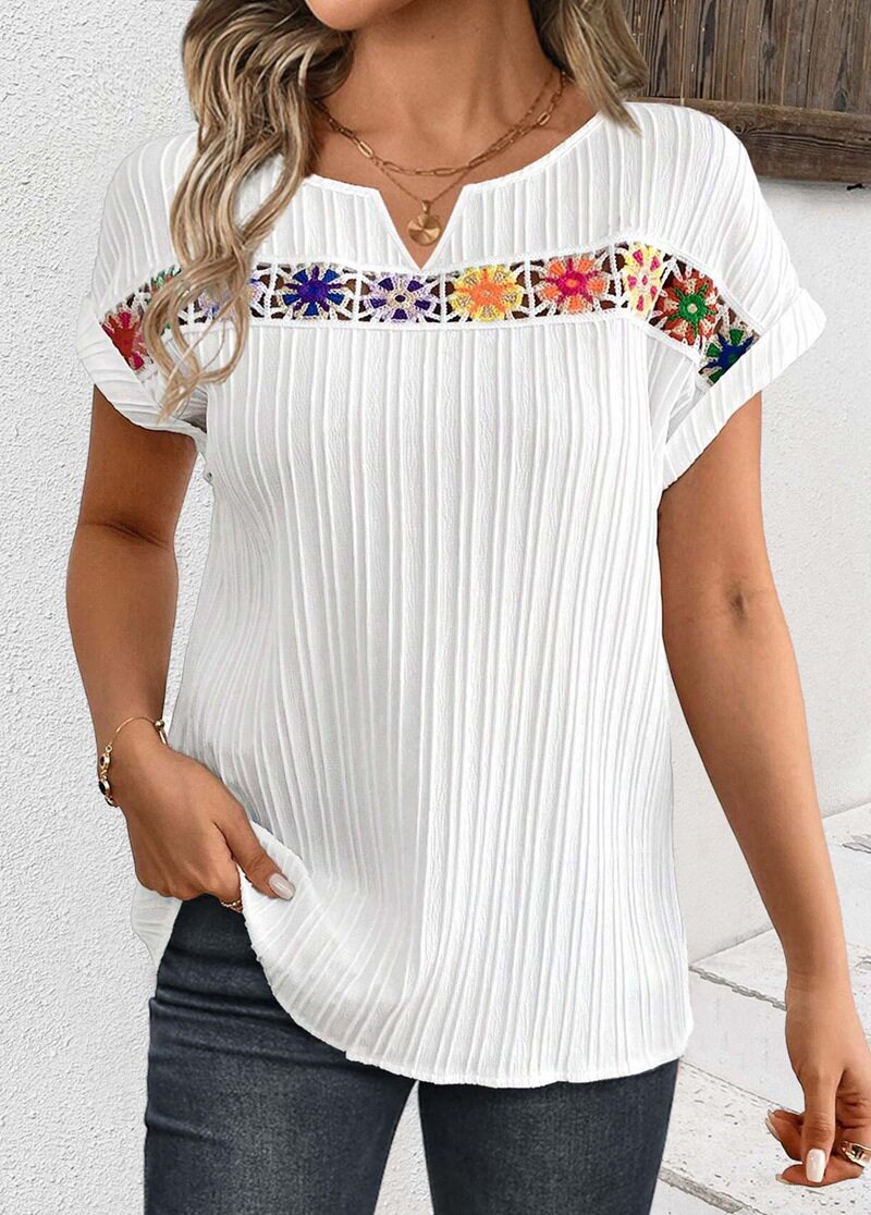 V Neck Short Sleeve Floral Patchwork Top Summer Style Elegant Design Womens Fashion Wholesale Available