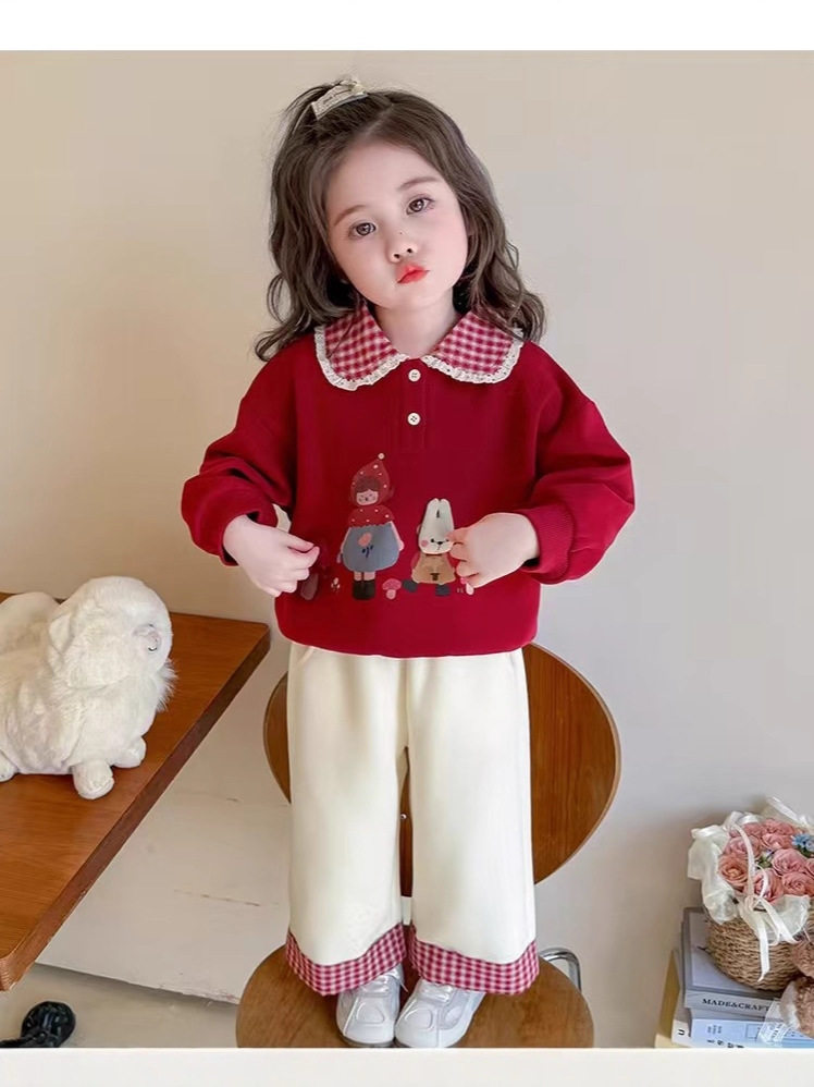 Girls' Hoodie Set, New Autumn Collection, Toddler Fall Mushroom & Bunny Print, Red Stylish Plaid Patchwork Color-Block Outfit