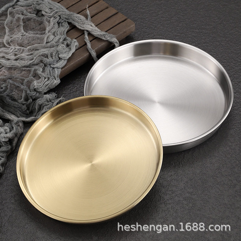 Korean-style Stainless Steel Plate Disc Commercial Golden Flat Bottom Tray Thickened Cool Skin Gong Gong Rice Bowel Rice Bowel Plate Steaming Dish