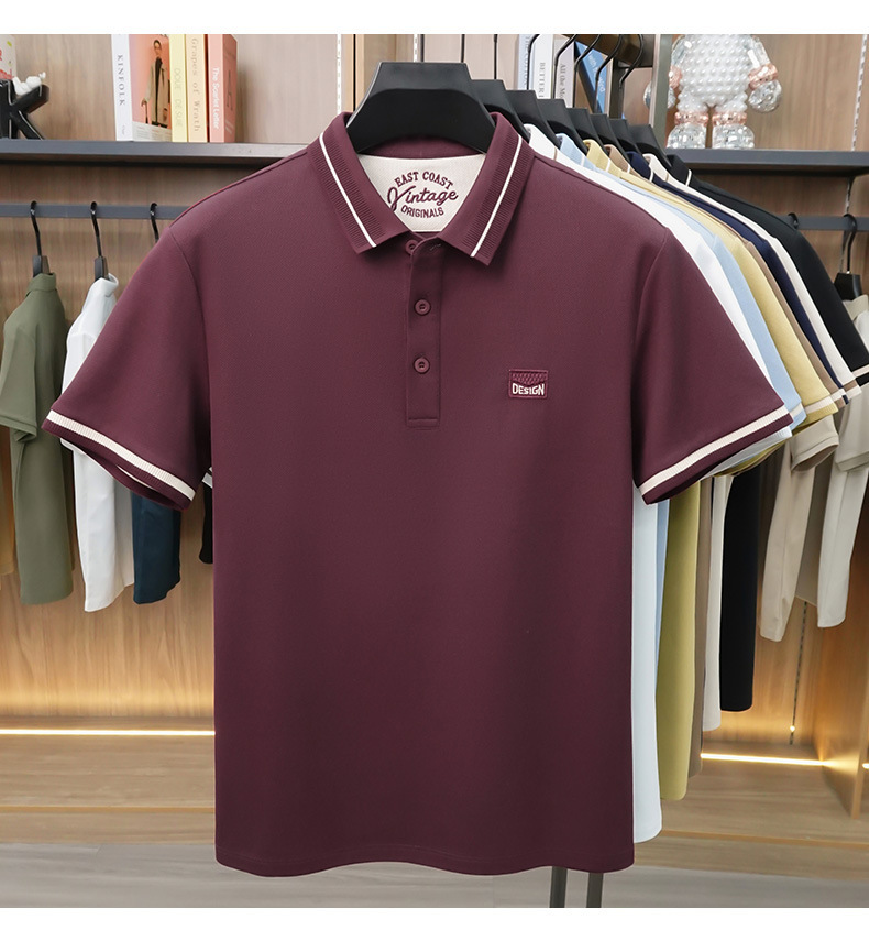 Áo polo nam tay ngắn cotton lưới co giãn thoáng khí chống nhăn — Màu đỏ táo tàu, màu đen, Mễ Hạnh, Xanh tím than
