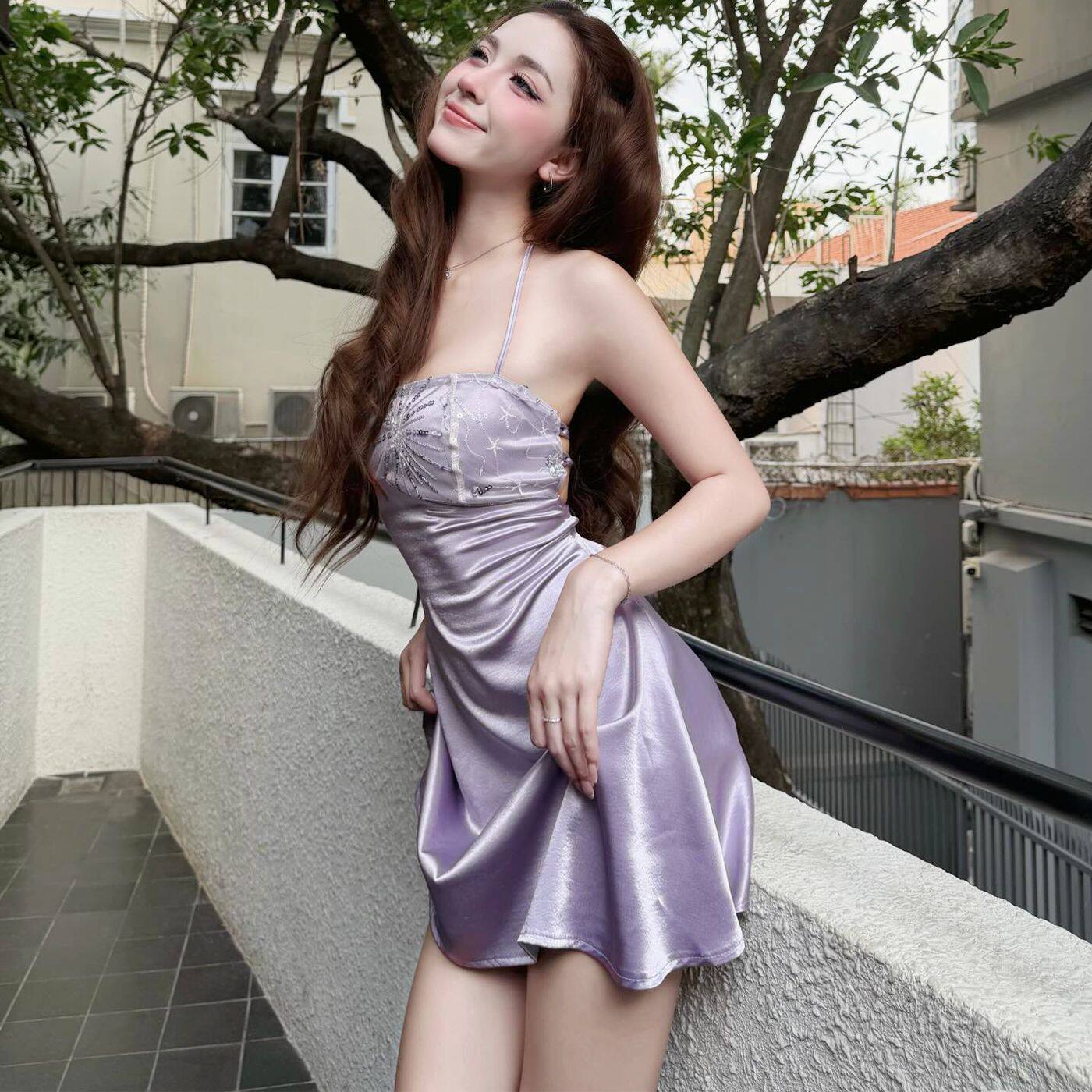French Style Womens Summer Dress Elegant Hollow Embroidery Sequin Satin Halter Neck Perfect for Parties and Special