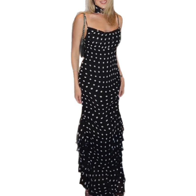 Summer Womens Dress Sleeveless Ruffled Hem Polka Dot Scarf Neck Elegant Casual Wear Wholesale Available