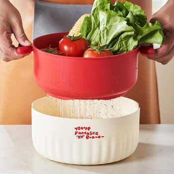 [Sugar Bean] Round Double-layer Fruit and Vegetable Basket Household Draining Basket Kitchen Thickened Fruit Storage Blue Washing Vegetable Basket