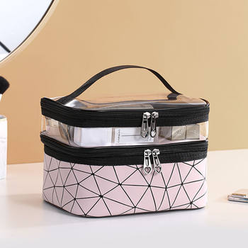 New Double-Layer Cosmetic Bag Box Plaid Portable Ladies Makeup Artist Multi-Functional Storage Toiletry Set Wholesale in Stock