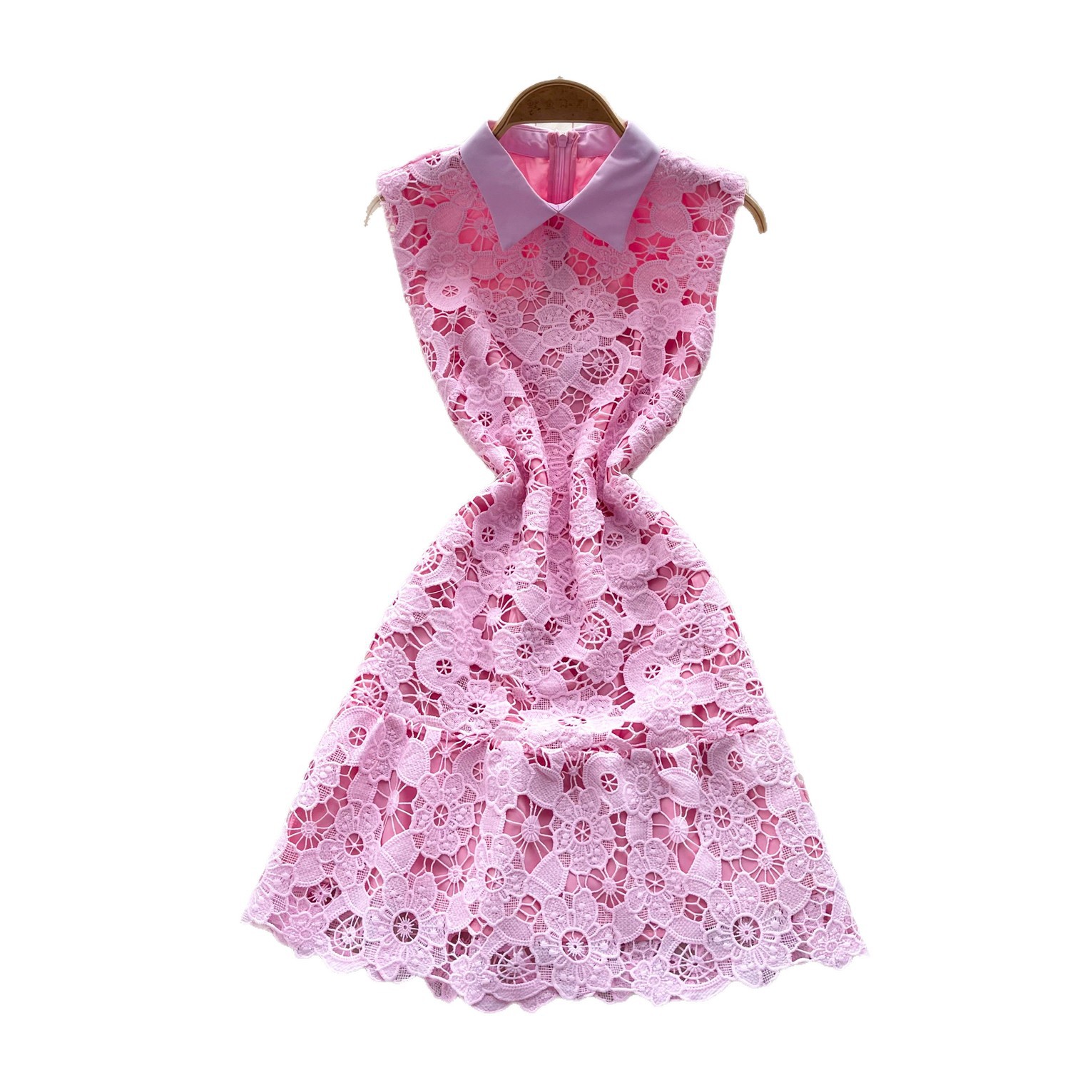 Pink Lace A Line Dress for Women Sleeveless Hollow Out Sweet French Style Elegant Evening Gown Wholesale Available