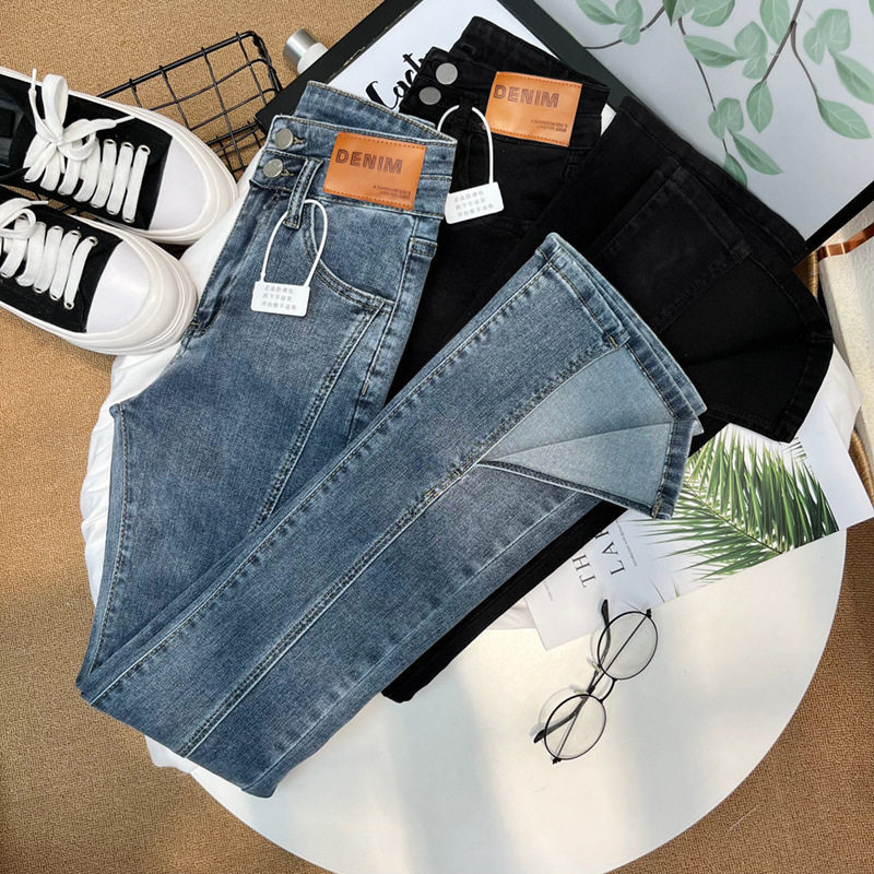 High Waisted Flared Denim Pants for Women Split Hem Loose Fit Slimming Design Trendy Spring and Autumn Style