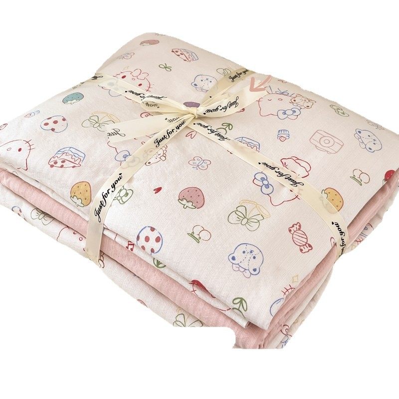 Class a Fresh Style Washed Cotton Double-Layer Yarn Four-Piece Set Children's Cartoon Dormitory Pure Cotton Duvet Cover 0.9 Fitted Sheet Three-Piece Set