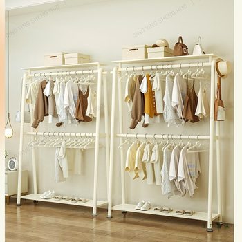 Light Luxury Double-Layer Coat Rack Floor-Standing Clothes Storage Artifact up and down Home Bedroom Cream White Clothes Drying Rack