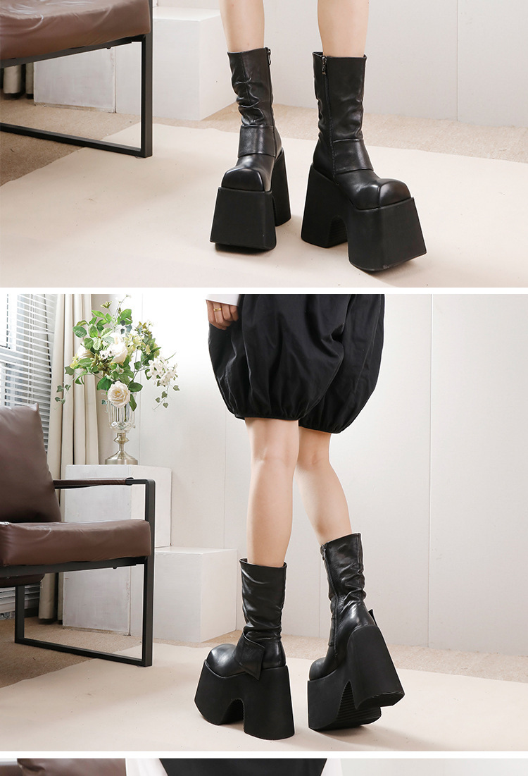 Boot nữ cổ trung gót cao đế dày da bò thật tôn dáng — Màu đen
