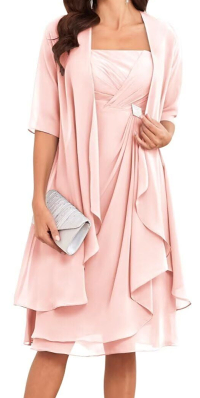 Chiffon Long Sleeve Dress with Rhinestones Elegant Two Piece Set Spring Autumn Office Wear