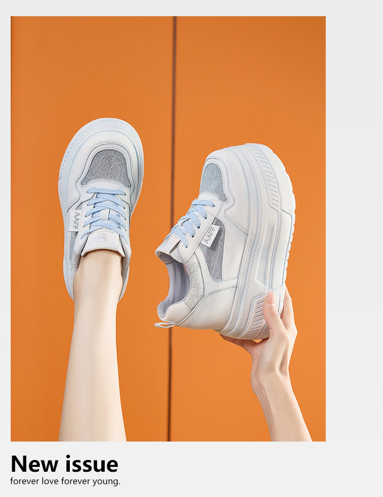 Giày platform nữ đế xuồng trắng thoáng khí, gót siêu cao 8 cm, mũi tròn, dây buộc phía trước — Xanh dương, Hồng, Xám, Trắng chi tiết 23