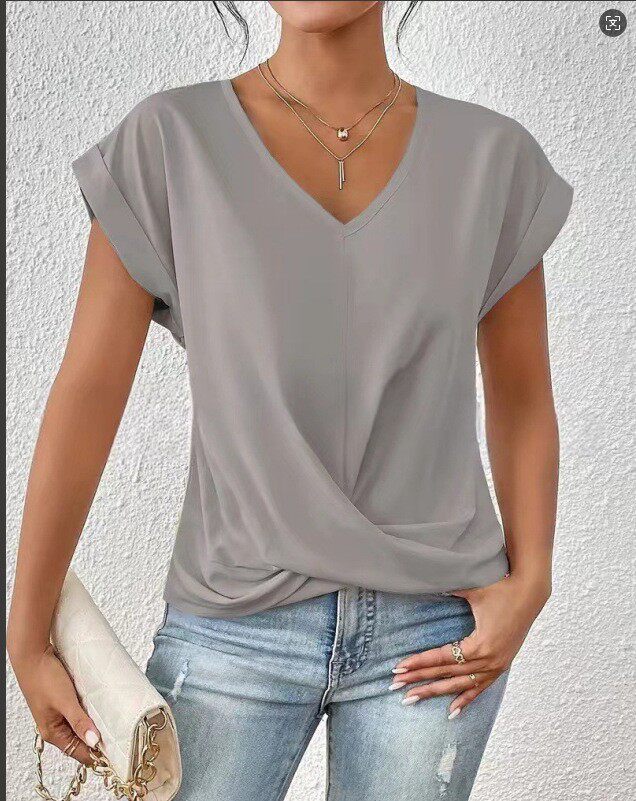 2024亚马逊跨境纯色V领T恤优雅短袖上衣春夏女装亚马逊跨境