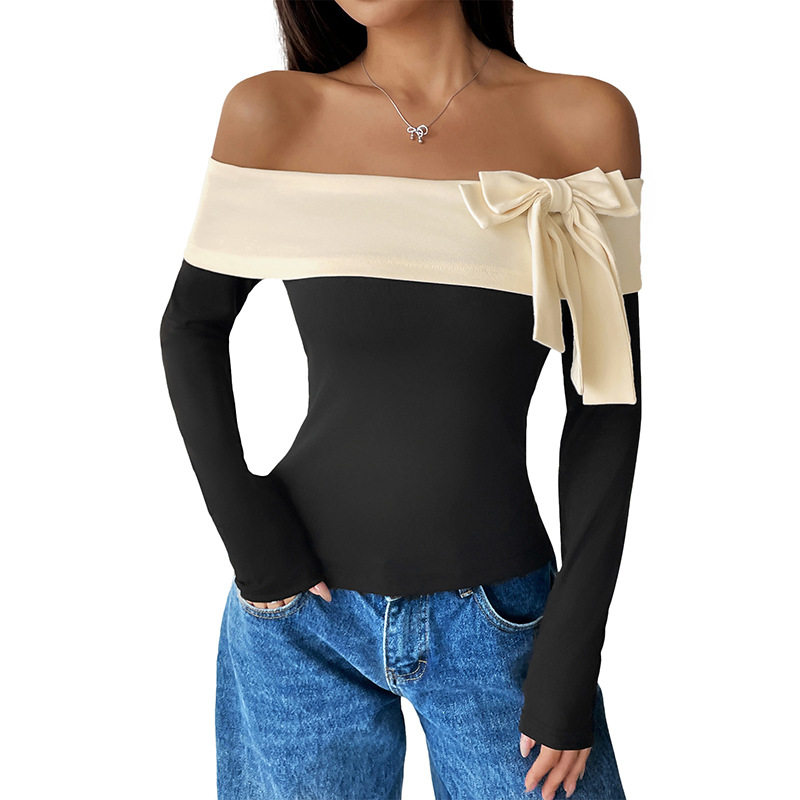 Off Shoulder Color Block T Shirt Sexy Bow Design European and American Style Casual Wear Wholesale Available