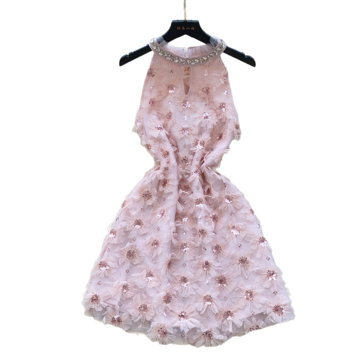 Elegant A Line Dress Sleeveless High Neck Embellished with Sequins and Floral Design Perfect for Parties and Special