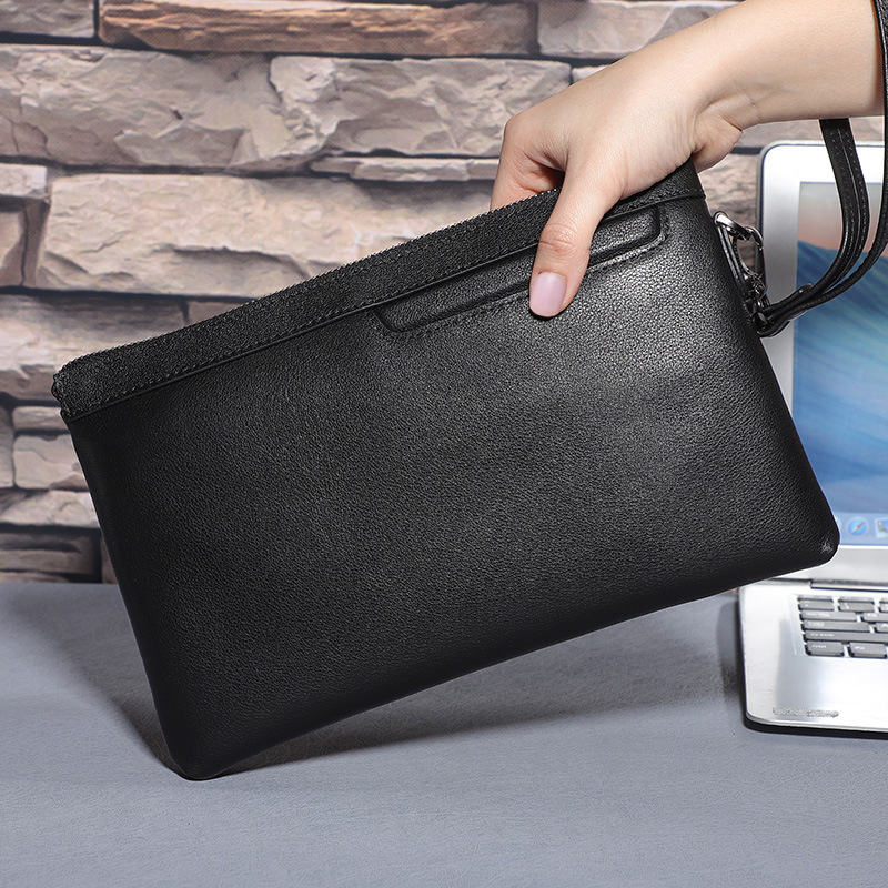 Túi clutch nam da bò thật cầm tay dáng dài đựng tài liệu — Màu đen