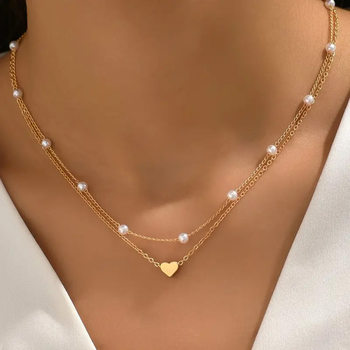 European and American Cross-border Hot-selling Imitation Pearl Love Pendant Necklace All-match Clavicle Chain Women's Retro Double Layer Stacked Necklace