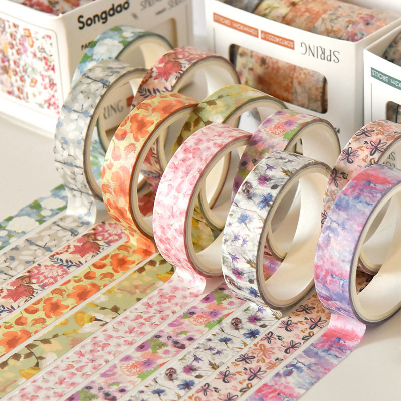 Spring Flowers Romantic Artistic Flowers Fresh Flowers Pastoral Flowers 5 Rolls and Paper Tape Combination Hand Account Material Sticker