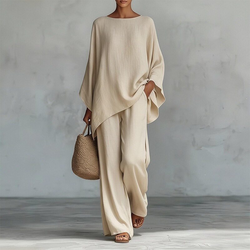 Spring Womens Fashion Set Loose Fit Solid Color Batwing Sleeve Wide Leg Pants Casual Wear Wholesale Available