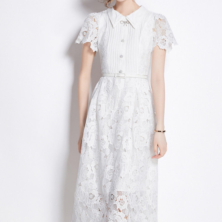 Womens Summer A Line Midi Dress Elegant Lace Cut Out Slim Fit Waist Defining Perfect for Parties and Special