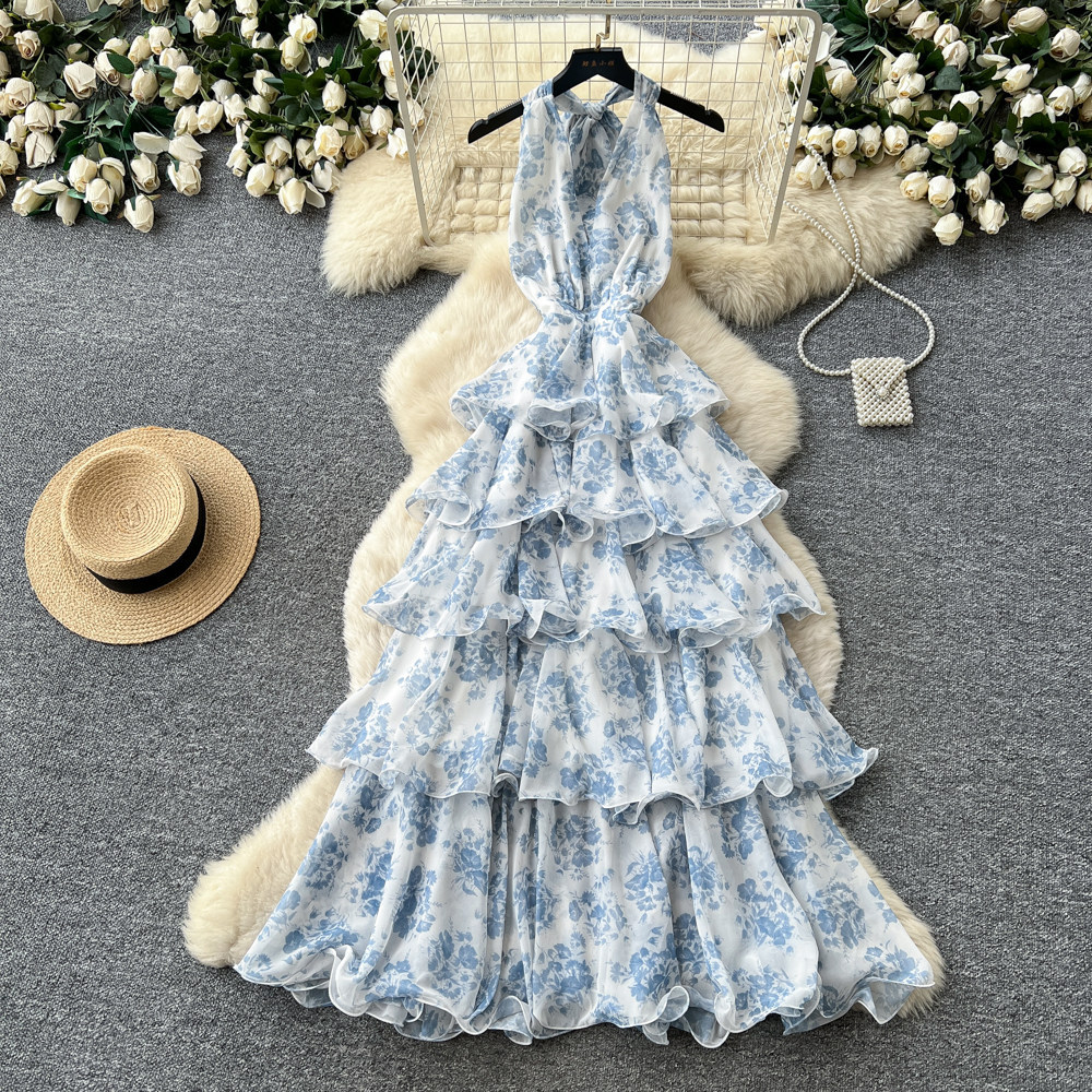 Floral Print V Neck Halter Dress Sleeveless Ruffle Hem Slim Fit Summer Casual Wear for Women Wholesale Available