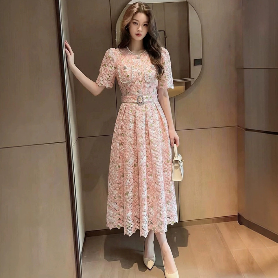 Pink Lace Hollow Out Short Sleeve Dress High Waist A Line Silhouette Elegant Summer Office Wear Wholesale Available