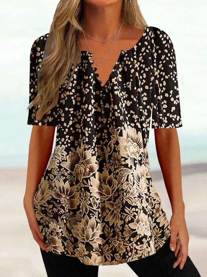Casual Floral Print T Shirt Loose Fit Short Sleeve V Neck Plus Size Spring Summer Fashion Wholesale Available