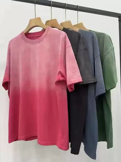 2024 New gradient color spray horse walking washing fashion brand short-sleeved T-shirt Men's Heavy American retro ins men's and women's same style