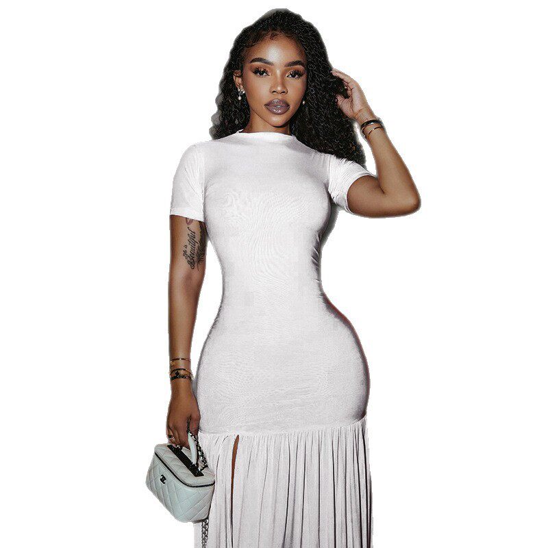 Elegant Womens Midi Dress Round Neck Short Sleeve Bodycon Fit Pleated Color Block Casual or Evening Wear