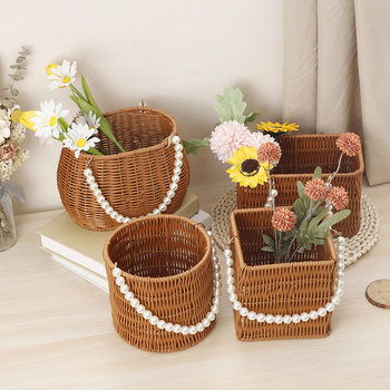 Wholesale Flower Storage Rattan Basket Wooden Strips Woven Decorative Flower Arrangement Basket Sundry Supplies Small Flower Basket Storage