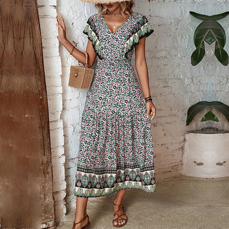Vintage Bohemian Ruffle Hem V Neck Printed Dress Elegant Design Comfortable Fabric Perfect for Summer Events