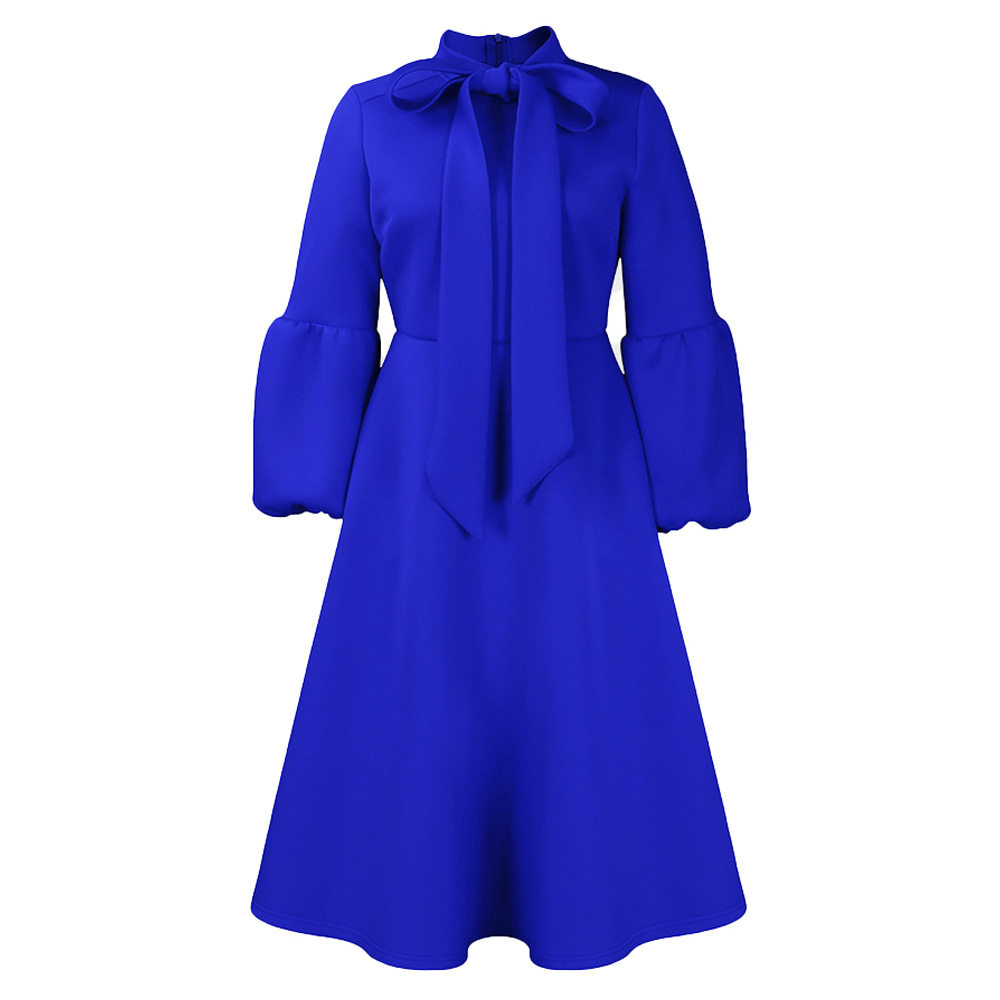 Fashionable High Waisted Lantern Sleeve Dress Plus Size Bow Tie Flared Skirt Spring Summer Occasion Wholesale