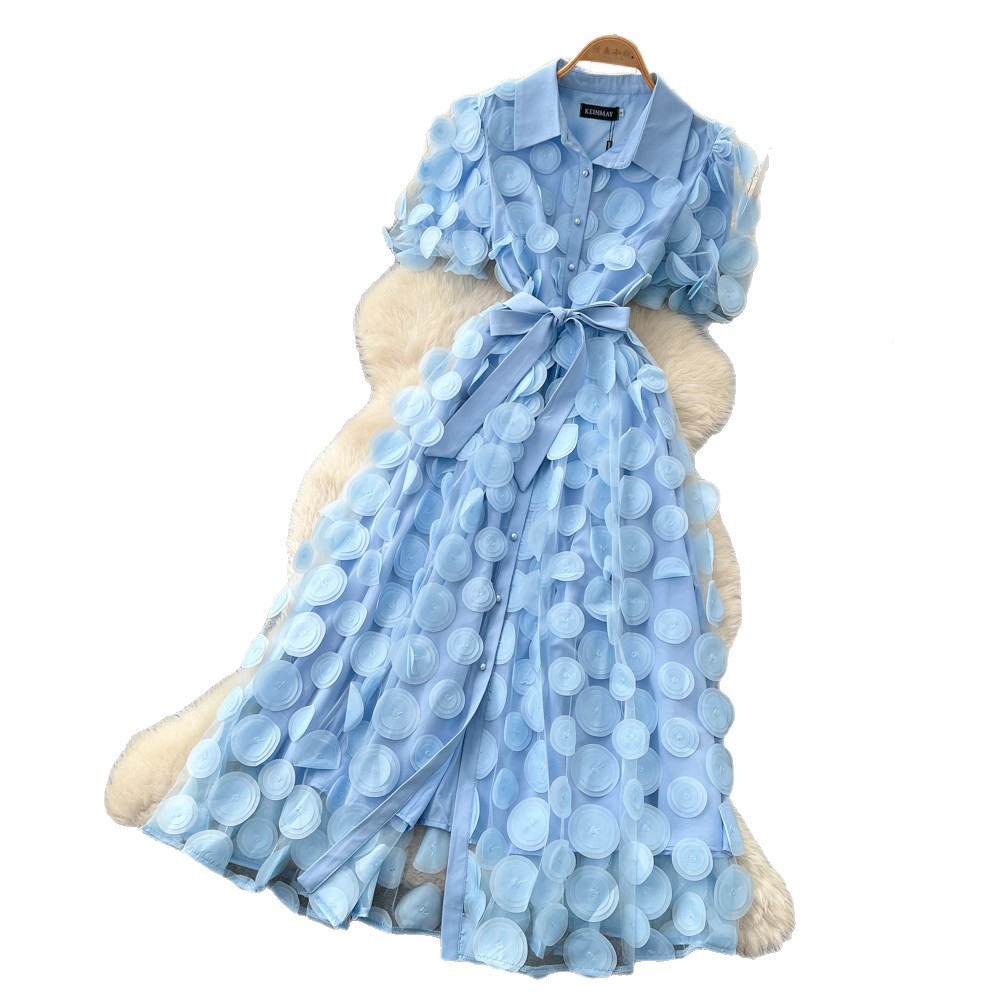 French Style Lace Dress for Women Short Sleeve Tie Waist A Line Silhouette Elegant Summer Occasion Wear Wholesale