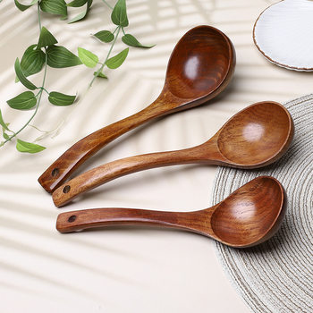Kemu Soup Spoon Old Lacquer Wooden Spoon Home Kitchen Soup Large Solid Wood Curved Handle Long Handle Spoon Wooden Tableware Wholesale