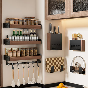 Wall-Mounted Spice Rack Kitchen Storage Rack No-Drill Walnut Storage Rack Set Kitchen Spice Storage Rack