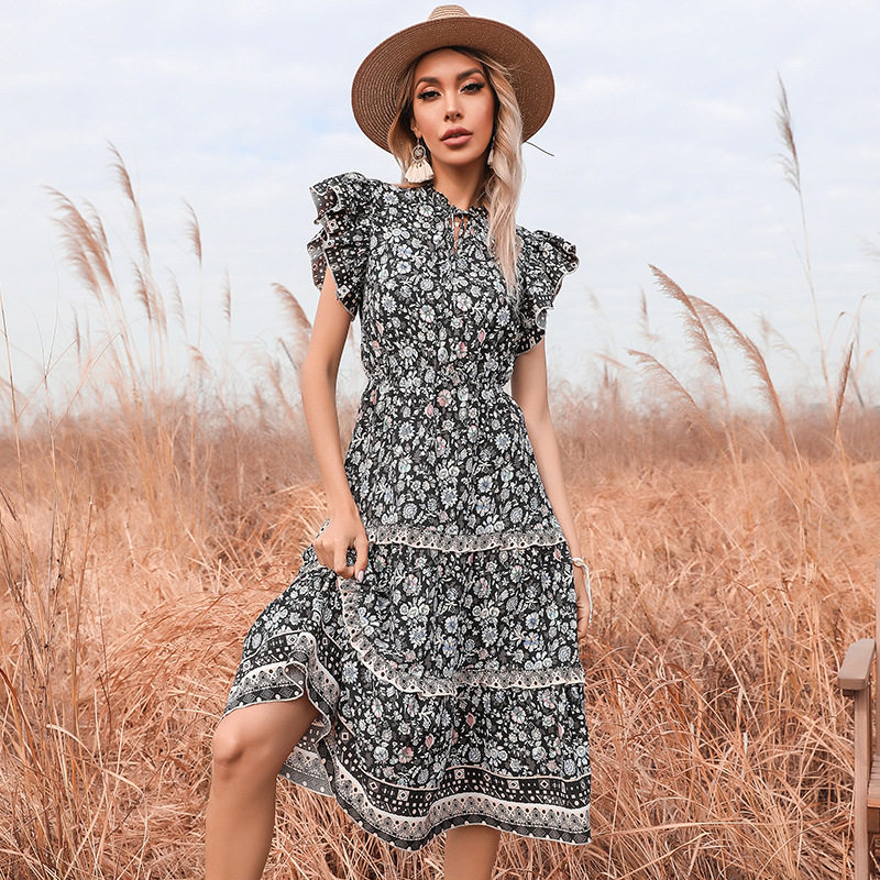 Vintage Floral Ruffle Hem Dress Slim Fit Bohemian Style Summer Wear Available for Wholesale OEM ODM service