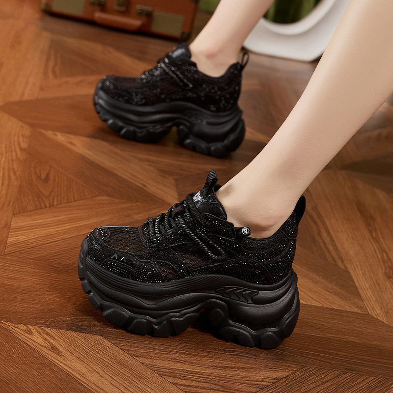 Sneaker nữ chunky đế dày rhinestone mũi tròn dây buộc — Trắng, Bạc, Đen